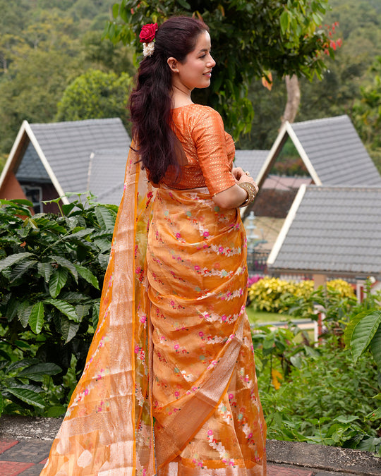 Tangerine Pure Tissue Saree with Floral Meenakari Weaves