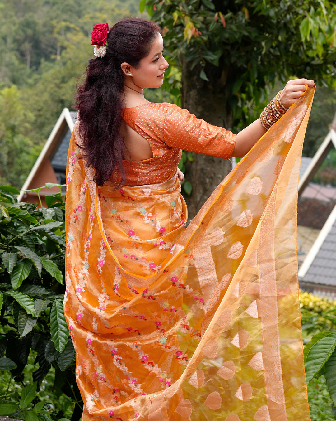 Tangerine Pure Tissue Saree with Floral Meenakari Weaves