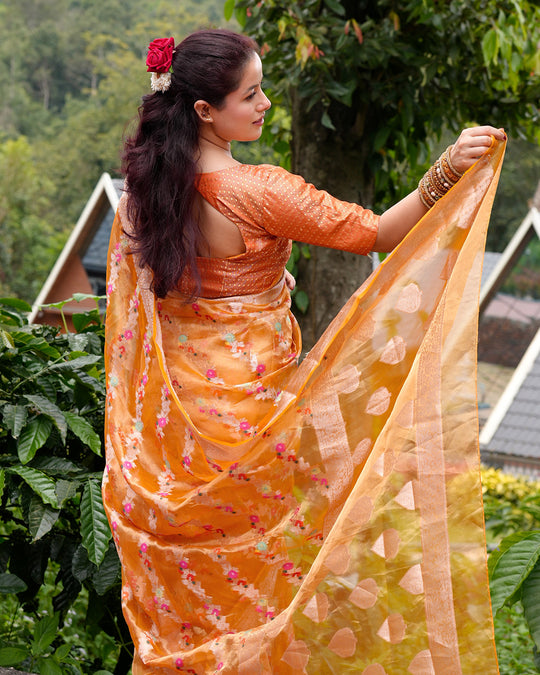 Tangerine Pure Tissue Saree with Floral Meenakari Weaves