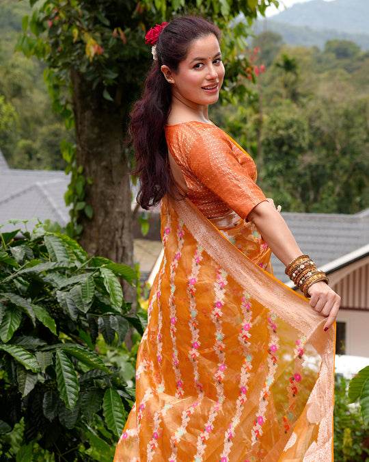Tangerine Pure Tissue Saree with Floral Meenakari Weaves