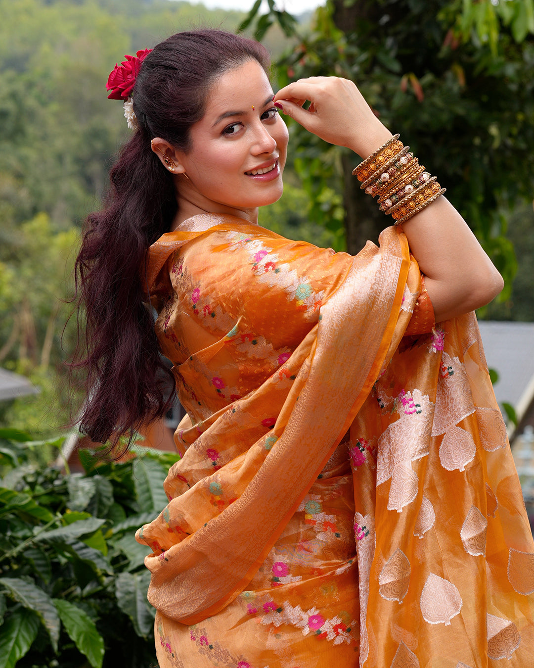 Tangerine Pure Tissue Saree with Floral Meenakari Weaves