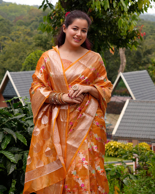 Tangerine Pure Tissue Saree with Floral Meenakari Weaves