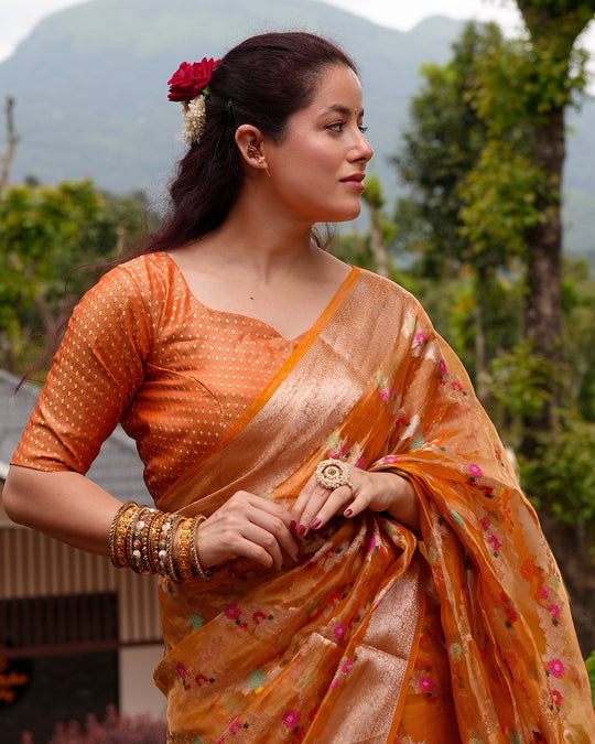 Tangerine Pure Tissue Saree with Floral Meenakari Weaves