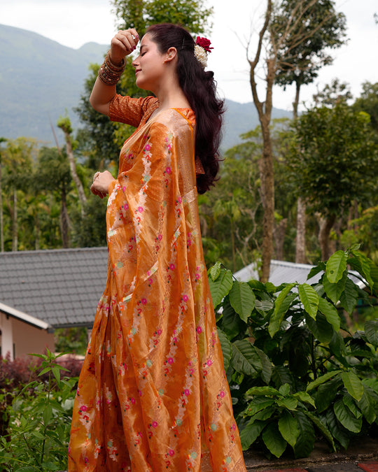 Tangerine Pure Tissue Saree with Floral Meenakari Weaves