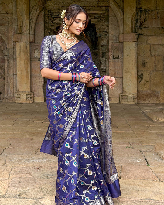 Royal Blue Floral Meenakari Pure Banarasi Saree