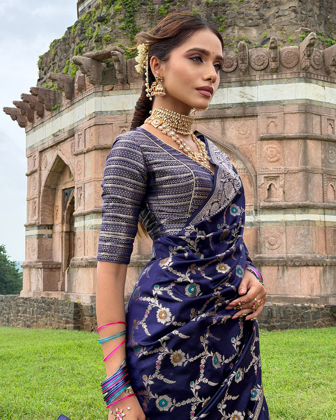 Royal Blue Floral Meenakari Pure Banarasi Saree