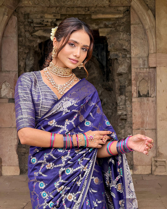Royal Blue Floral Meenakari Pure Banarasi Saree