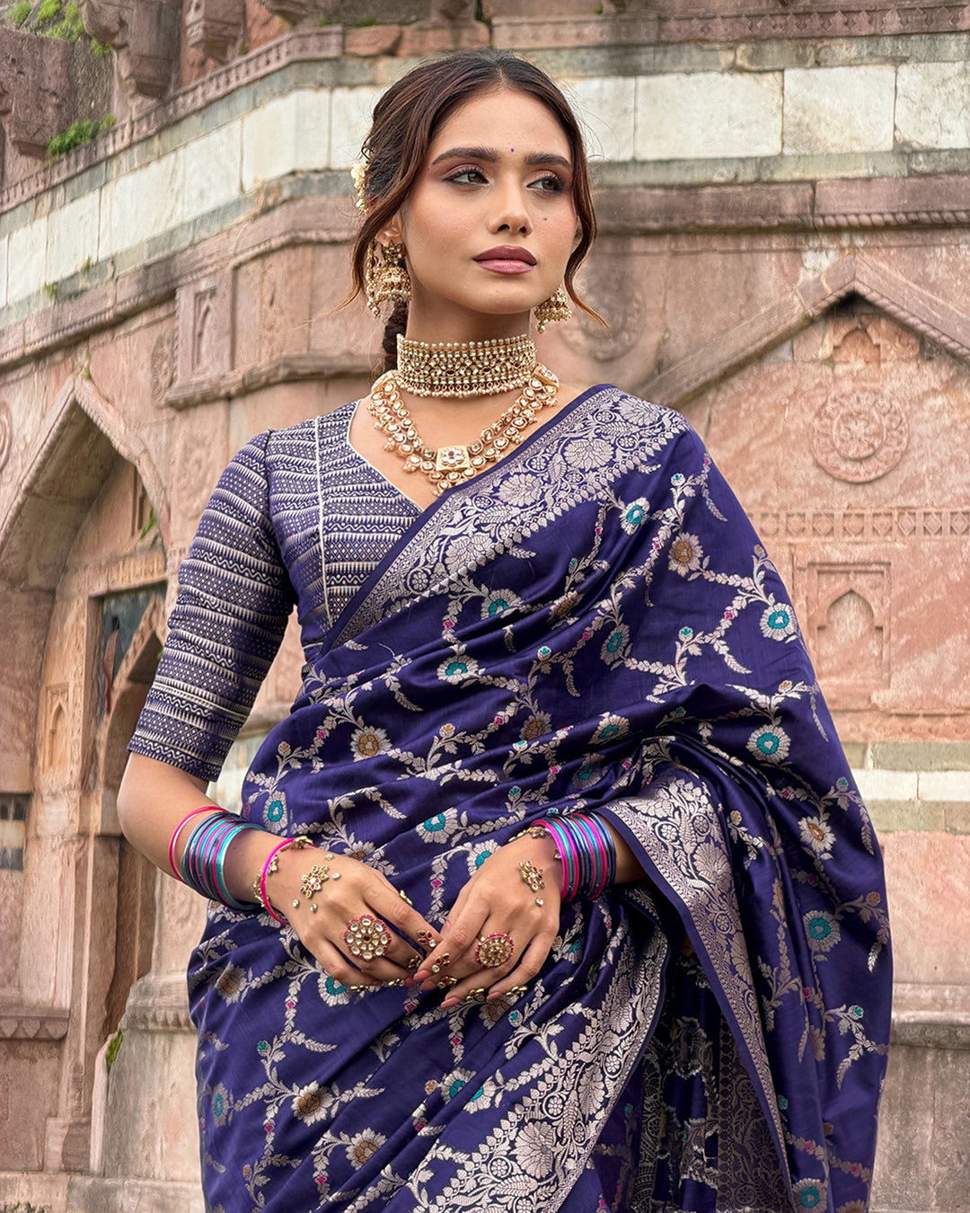 Royal Blue Floral Meenakari Pure Banarasi Saree