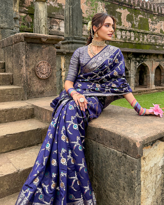 Royal Blue Floral Meenakari Pure Banarasi Saree