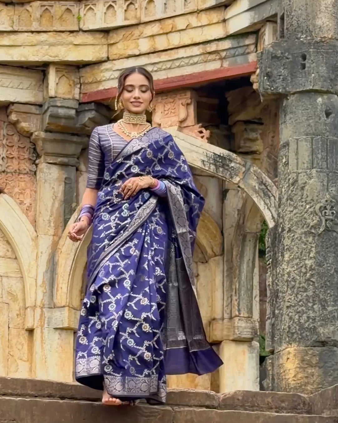 Royal Blue Floral Meenakari Pure Banarasi Saree