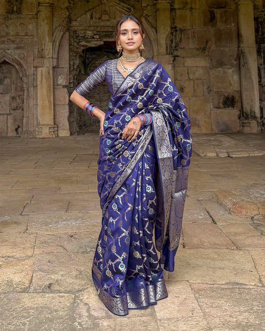 Royal Blue Floral Meenakari Pure Banarasi Saree