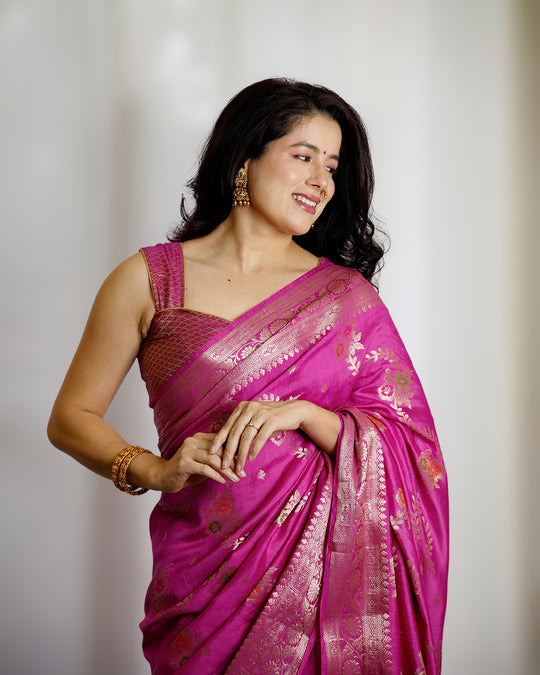 Rani Pink Pure Banarasi Saree with Floral Meenakari Butidar Weaving