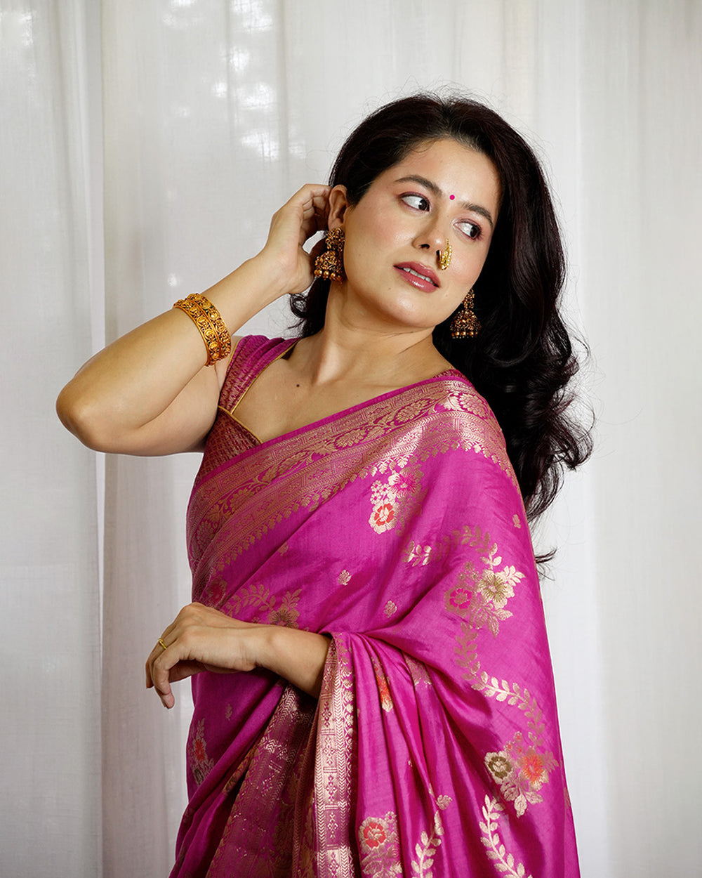 Rani Pink Pure Banarasi Saree with Floral Meenakari Butidar Weaving