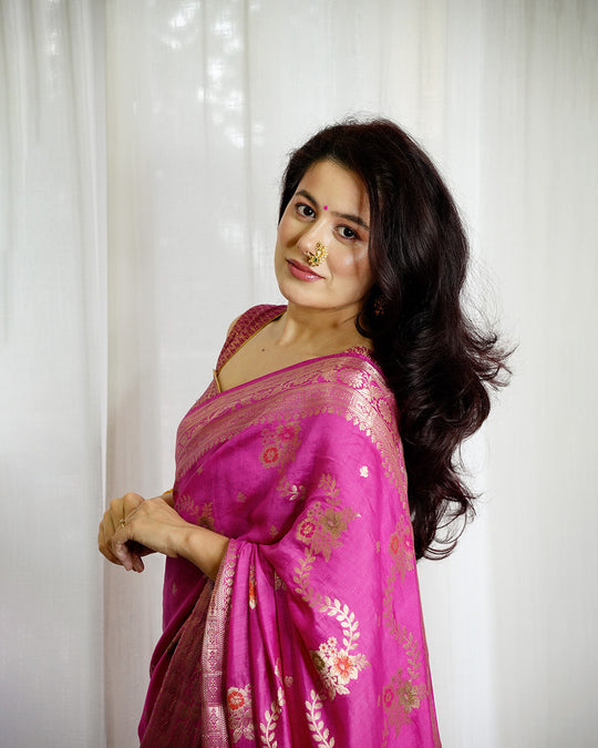 Rani Pink Pure Banarasi Saree with Floral Meenakari Butidar Weaving