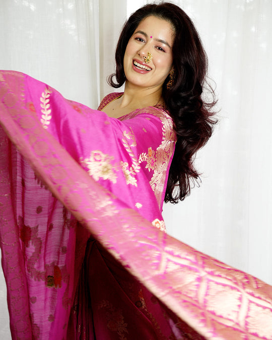 Rani Pink Pure Banarasi Saree with Floral Meenakari Butidar Weaving
