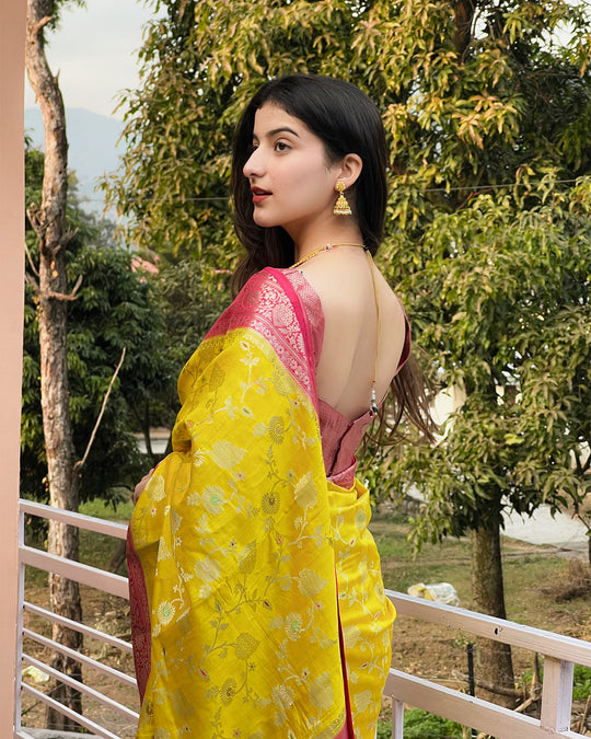 Sunlit Yellow & Pink Pure Banarasi Silk Saree with Floral Meena Detailing Work