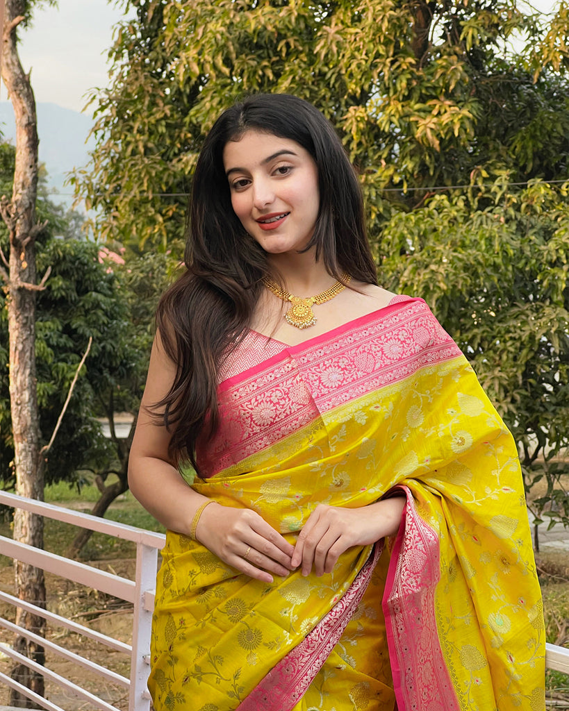 Sunlit Yellow Pink Pure Banarasi Silk Saree with Floral Meena