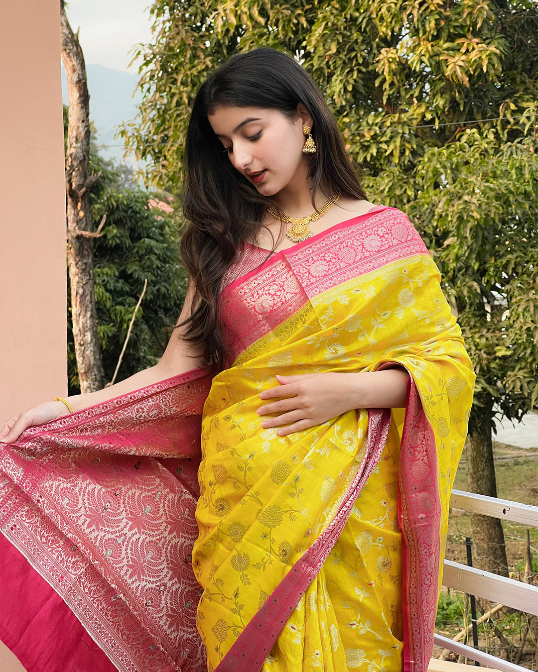 Sunlit Yellow & Pink Pure Banarasi Silk Saree with Floral Meena Detailing Work