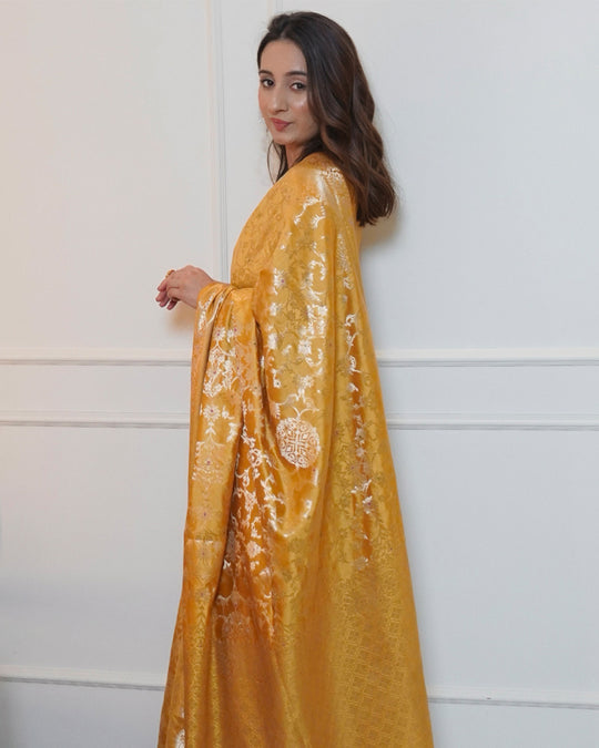 Mustard Yellow Banarasi Saree with Intricate Jaal Work