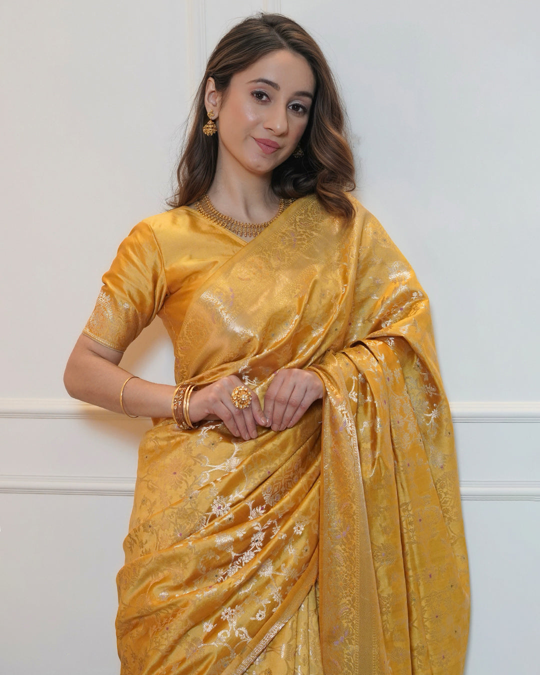 Mustard Yellow Banarasi Saree with Intricate Jaal Work