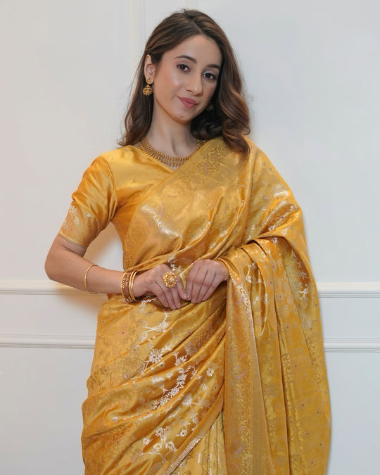 Mustard Yellow Banarasi Saree with Intricate Jaal Work