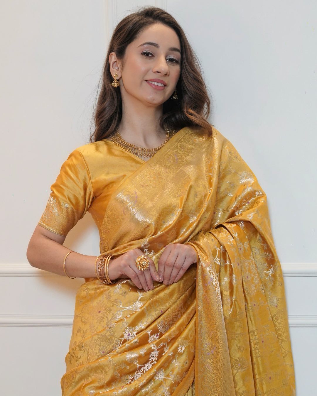 Mustard Yellow Banarasi Saree with Intricate Jaal Work
