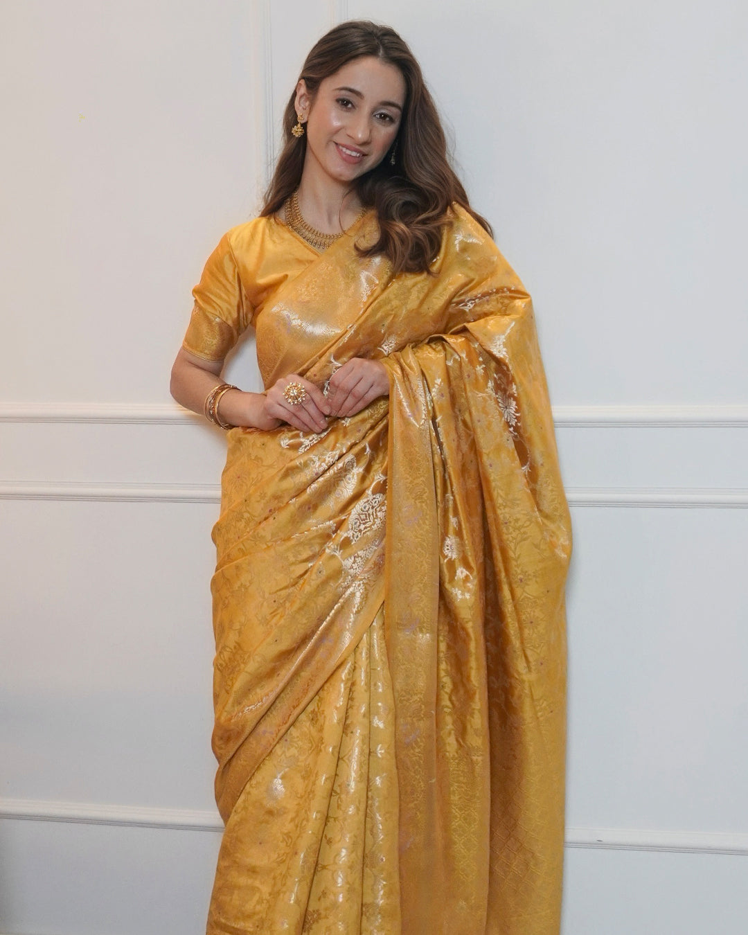 Mustard Yellow Banarasi Saree with Intricate Jaal Work