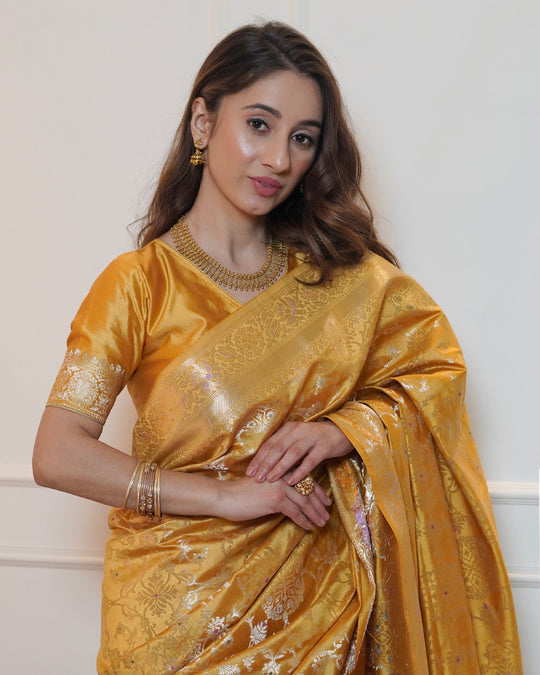 Mustard Yellow Banarasi Saree with Intricate Jaal Work