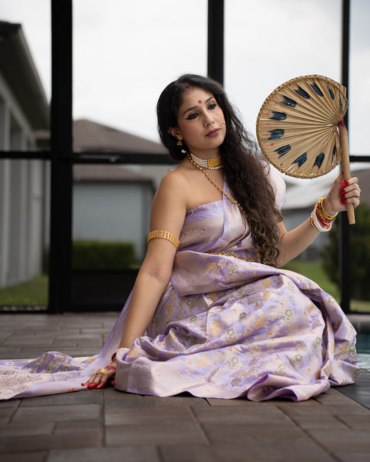 Lavender Pure Banarasi Saree with Multicolour Floral Vine Jaal Weaves
