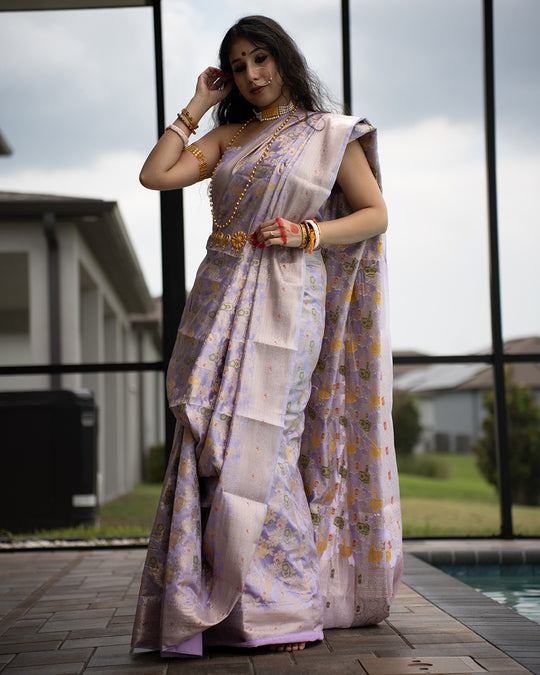 Lavender Pure Banarasi Saree with Multicolour Floral Vine Jaal Weaves