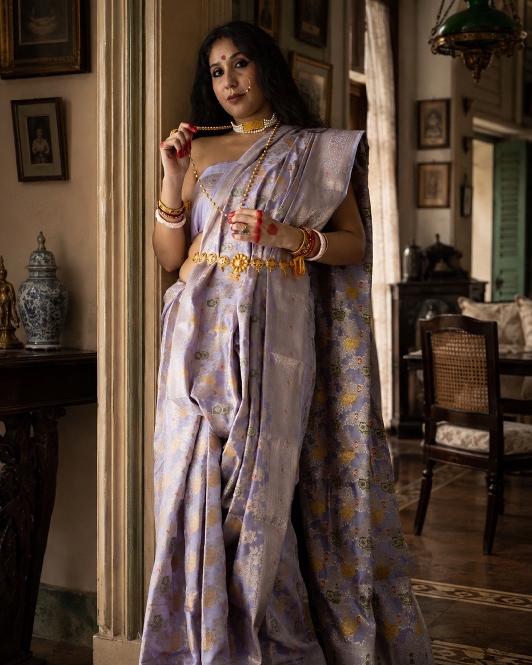 Lavender Pure Banarasi Saree with Multicolour Floral Vine Jaal Weaves