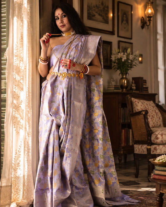 Lavender Pure Banarasi Saree with Multicolour Floral Vine Jaal Weaves