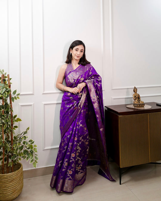 Majestic Royal Purple Banarasi Saree with Gold Zari Artistry