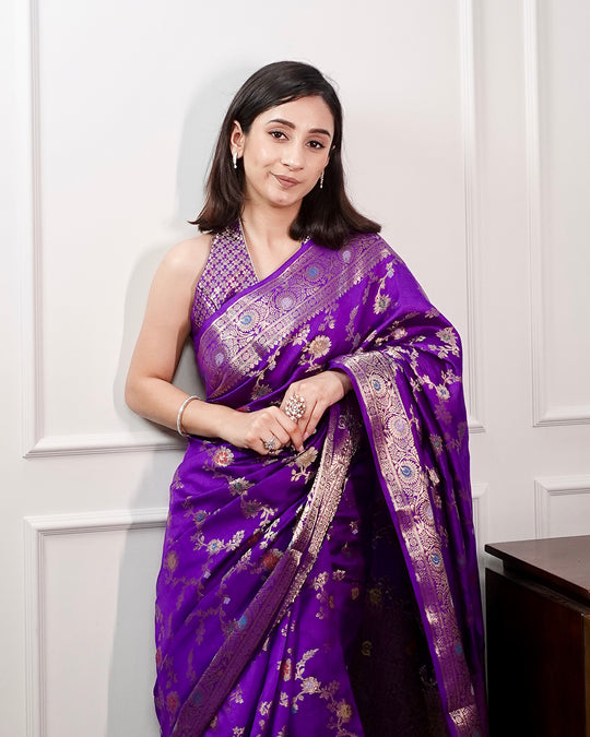 Majestic Royal Purple Banarasi Saree with Gold Zari Artistry