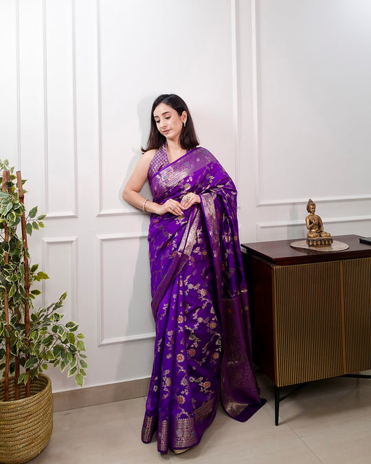 Majestic Royal Purple Banarasi Saree with Gold Zari Artistry