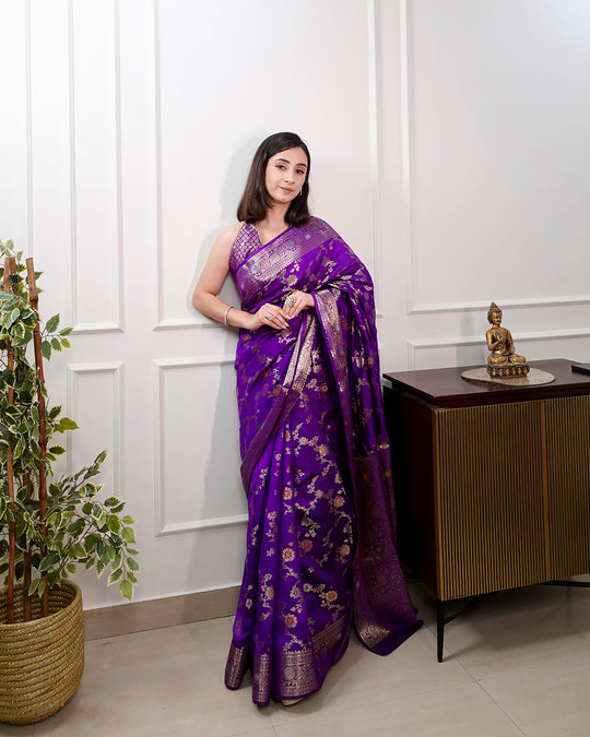 Majestic Royal Purple Banarasi Saree with Gold Zari Artistry