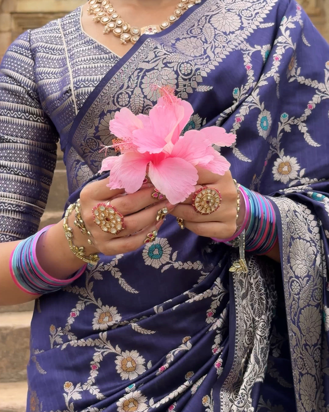 Royal Blue Floral Meenakari Pure Banarasi Saree