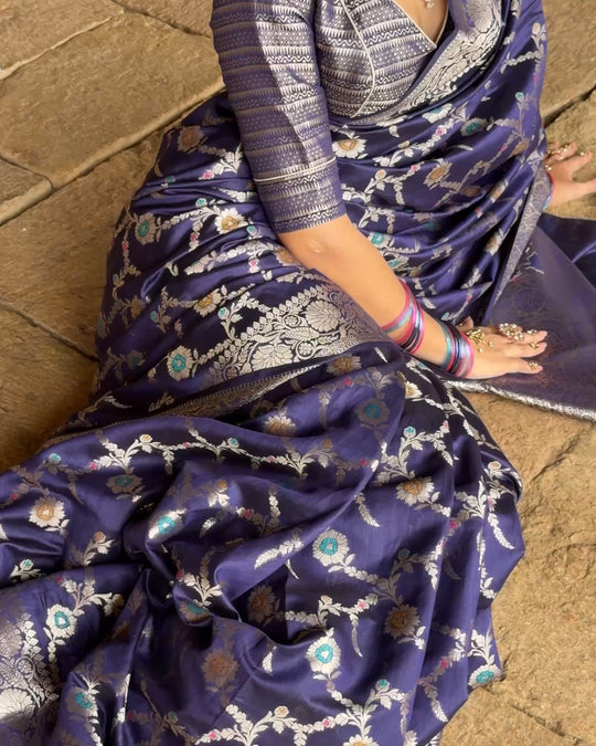 Royal Blue Floral Meenakari Pure Banarasi Saree
