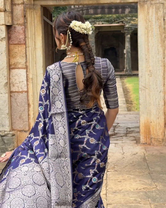 Royal Blue Floral Meenakari Pure Banarasi Saree