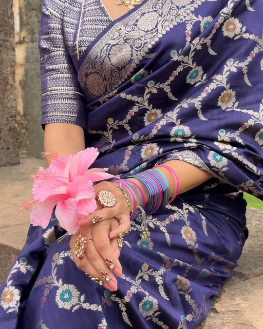 Royal Blue Floral Meenakari Pure Banarasi Saree