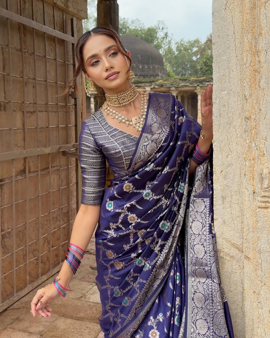 Royal Blue Floral Meenakari Pure Banarasi Saree