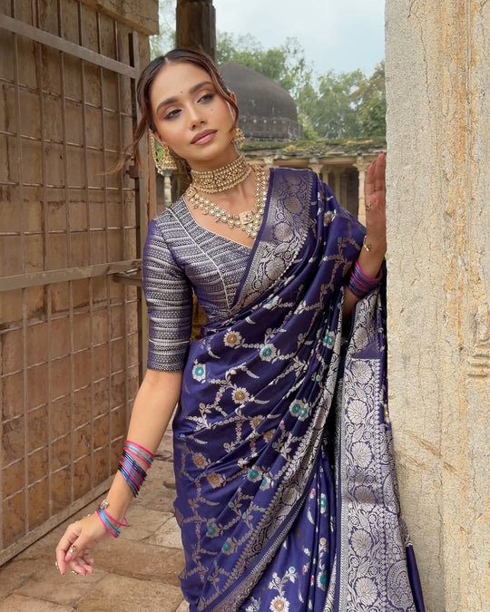 Royal Blue Floral Meenakari Pure Banarasi Saree