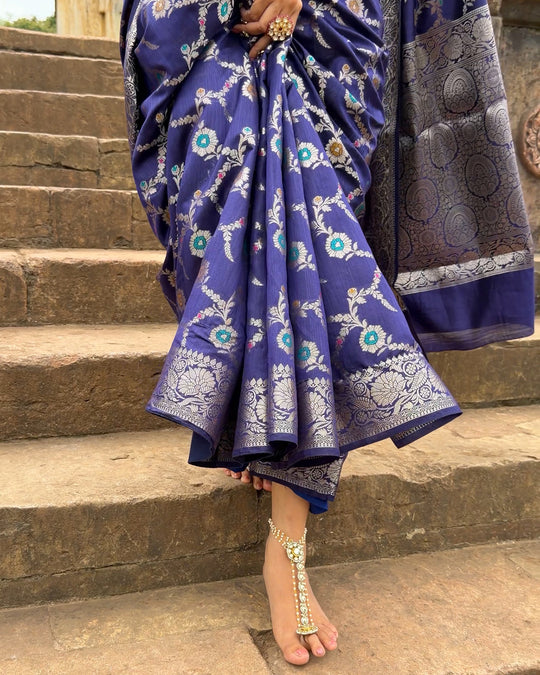 Royal Blue Floral Meenakari Pure Banarasi Saree