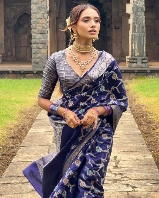 Royal Blue Floral Meenakari Pure Banarasi Saree