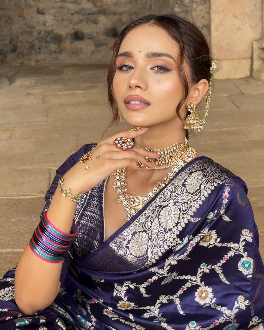 Royal Blue Floral Meenakari Pure Banarasi Saree