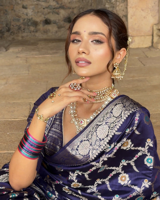 Royal Blue Floral Meenakari Pure Banarasi Saree