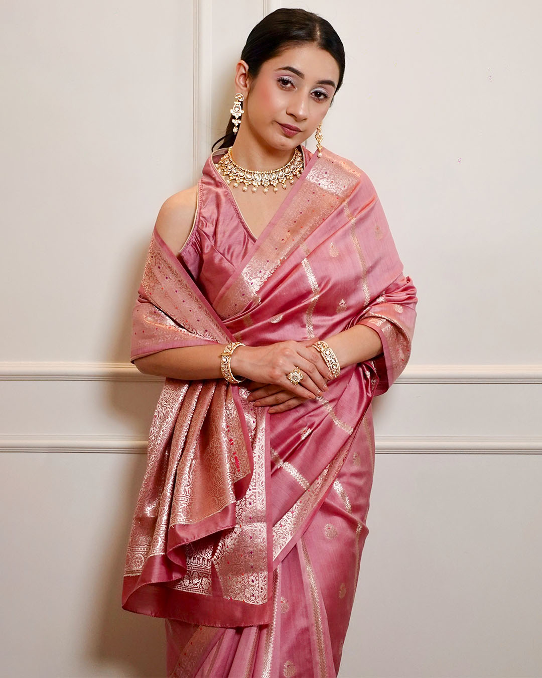 Pink Pure Banarasi Saree with Delicate Butidar Motifs and Graceful Border