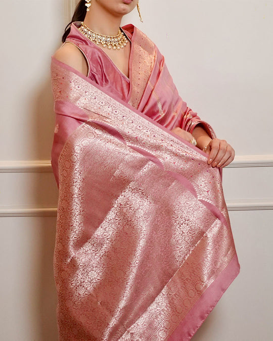 Pink Pure Banarasi Saree with Delicate Butidar Motifs and Graceful Border