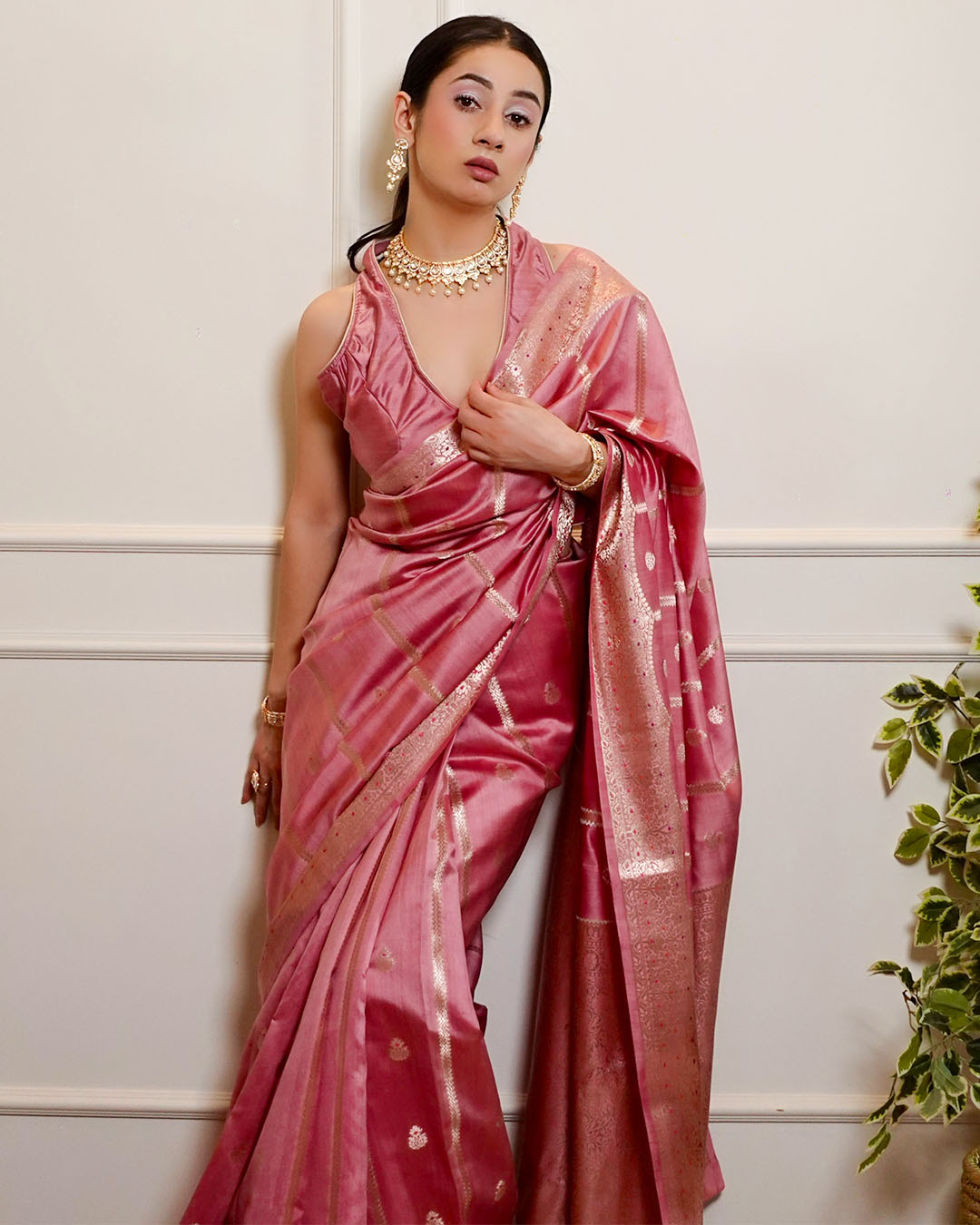 Pink Pure Banarasi Saree with Delicate Butidar Motifs and Graceful Border