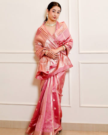 Pink Pure Banarasi Saree with Delicate Butidar Motifs and Graceful Border